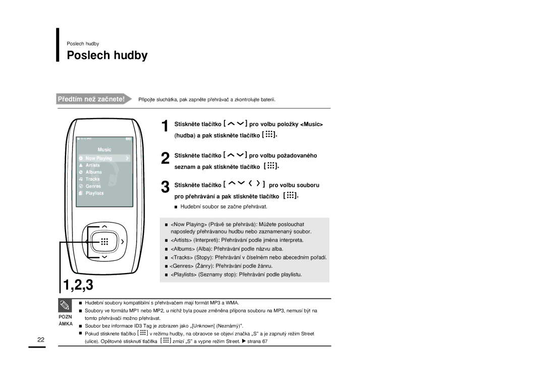 Samsung YP-T9JBZB/XEH, YP-T9JBAB/XEH, YP-T9JBQB/XEH manual Poslech hudby, Pozn Ámka 