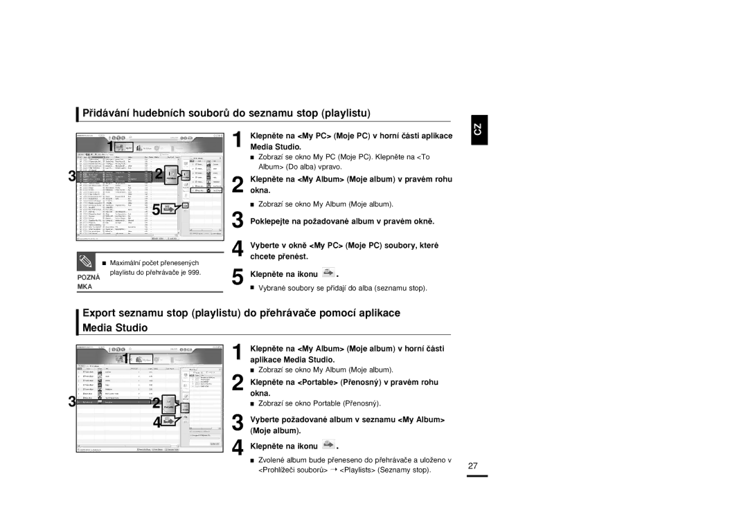 Samsung YP-T9JBAB/XEH, YP-T9JBZB/XEH, YP-T9JBQB/XEH manual Pﬁidávání hudebních souborÛ do seznamu stop playlistu 