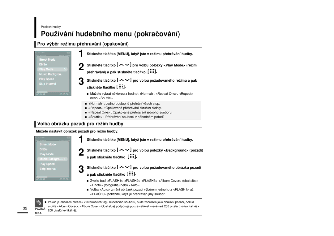 Samsung YP-T9JBQB/XEH, YP-T9JBAB/XEH manual PouÏívání hudebního menu pokraãování, Pro v˘bûr reÏimu pﬁehrávání opakování 