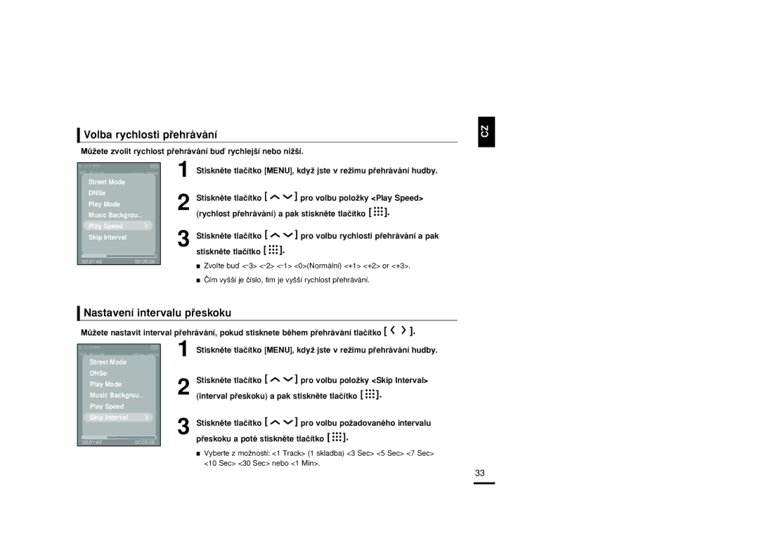 Samsung YP-T9JBAB/XEH, YP-T9JBZB/XEH, YP-T9JBQB/XEH manual Volba rychlosti pﬁehrávání, Nastavení intervalu pﬁeskoku 