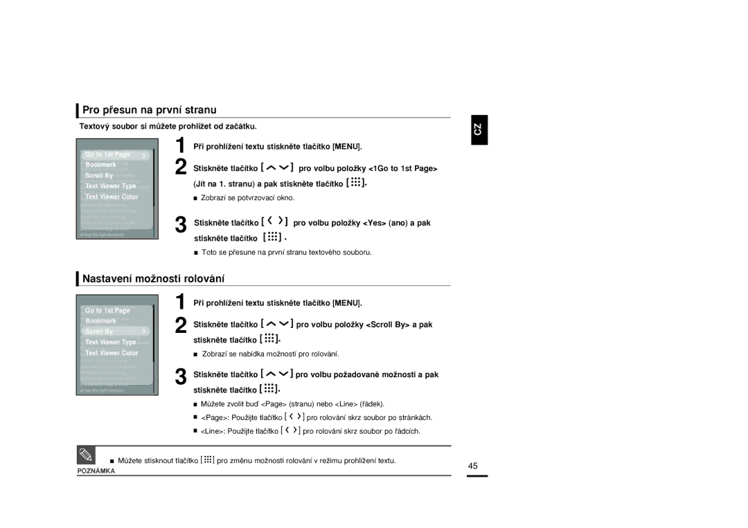 Samsung YP-T9JBAB/XEH, YP-T9JBZB/XEH manual Pro pﬁesun na první stranu, Textov˘ soubor si mÛÏete prohlíÏet od zaãátku 