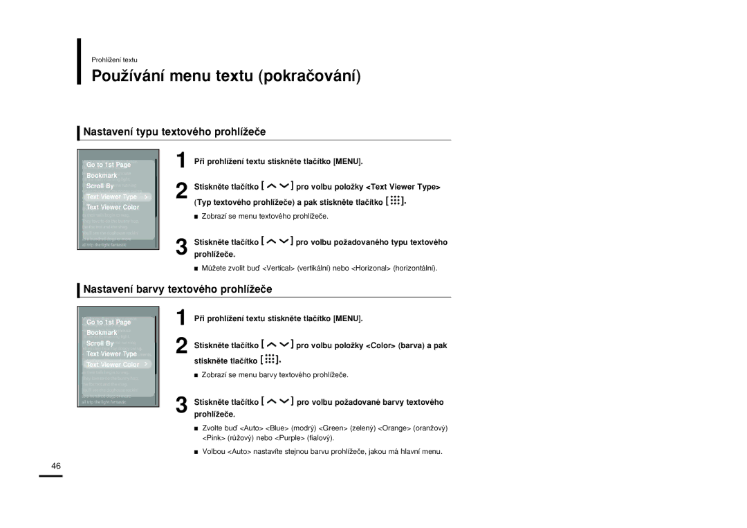 Samsung YP-T9JBZB/XEH, YP-T9JBAB/XEH, YP-T9JBQB/XEH PouÏívání menu textu pokraãování, Nastavení typu textového prohlíÏeãe 