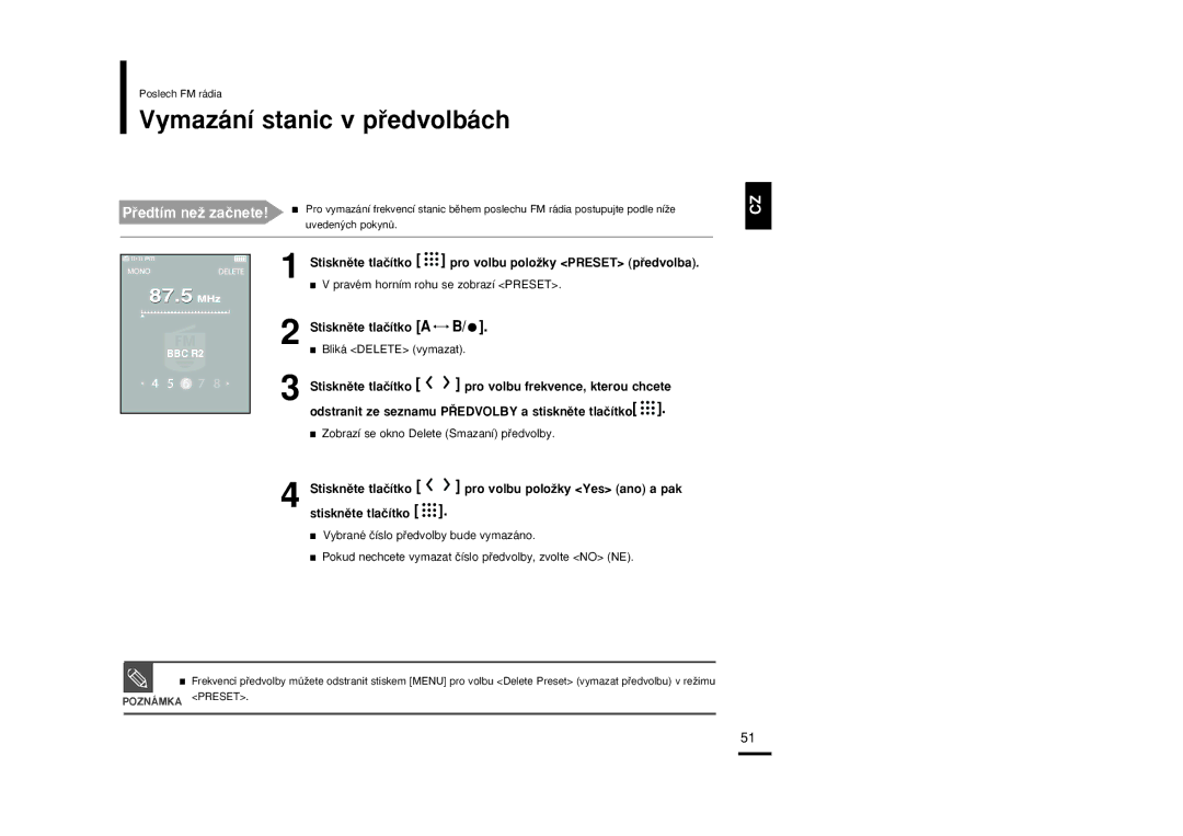 Samsung YP-T9JBAB/XEH, YP-T9JBZB/XEH Vymazání stanic v pﬁedvolbách, Pro volbu poloÏky Yes ano a pak Stisknûte tlaãítko 