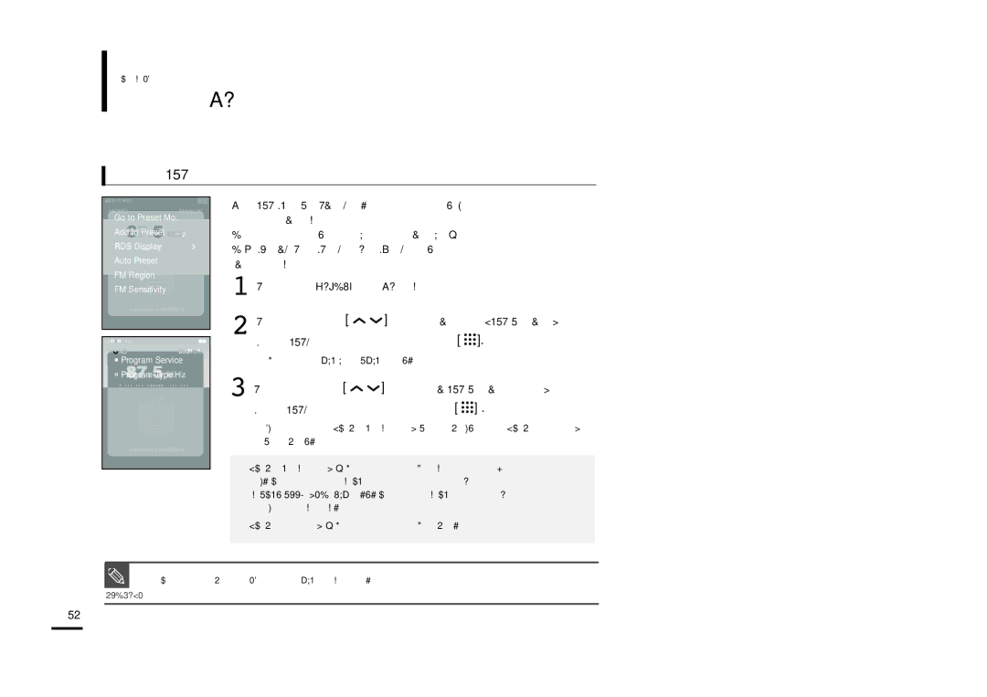 Samsung YP-T9JBZB/XEH, YP-T9JBAB/XEH, YP-T9JBQB/XEH manual PouÏívání menu FM rádia, Pro nastavení RDS displeje 