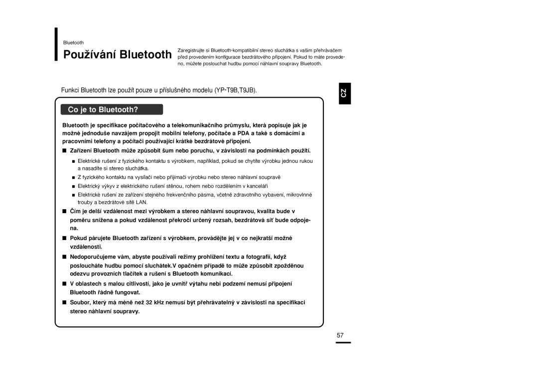 Samsung YP-T9JBAB/XEH, YP-T9JBZB/XEH, YP-T9JBQB/XEH manual Co je to Bluetooth? 