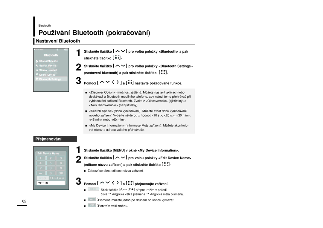 Samsung YP-T9JBQB/XEH, YP-T9JBAB/XEH, YP-T9JBZB/XEH manual Nastavení Bluetooth, Pﬁejmenování, Pomocí Pﬁejmenujte zaﬁízení 