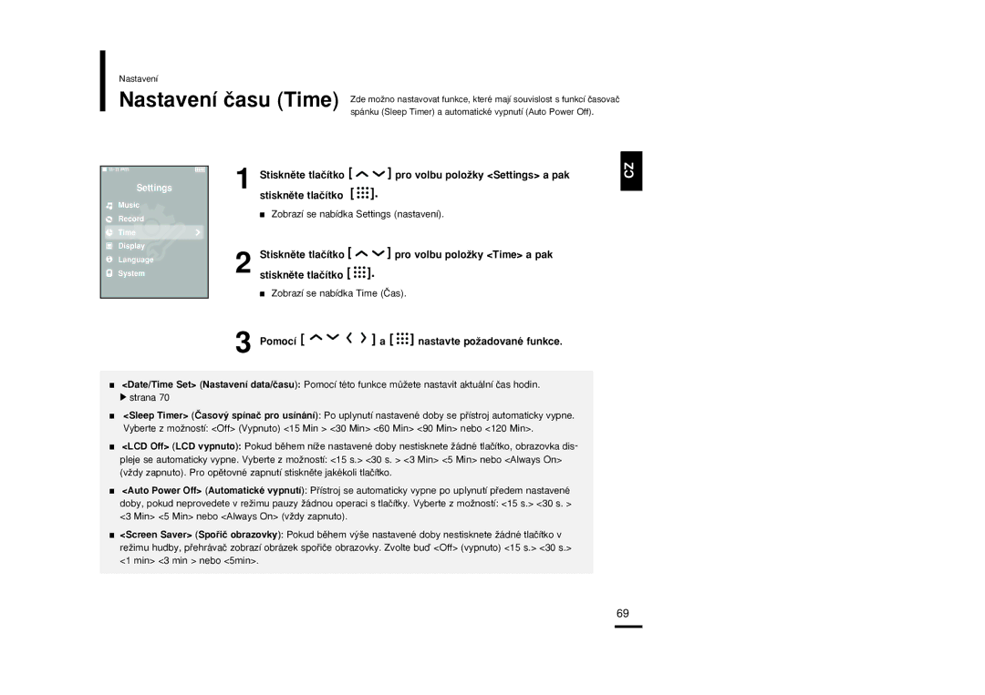 Samsung YP-T9JBAB/XEH, YP-T9JBZB/XEH, YP-T9JBQB/XEH manual Stisknûte tlaãítko pro volbu poloÏky Time a pak, Nastavení 