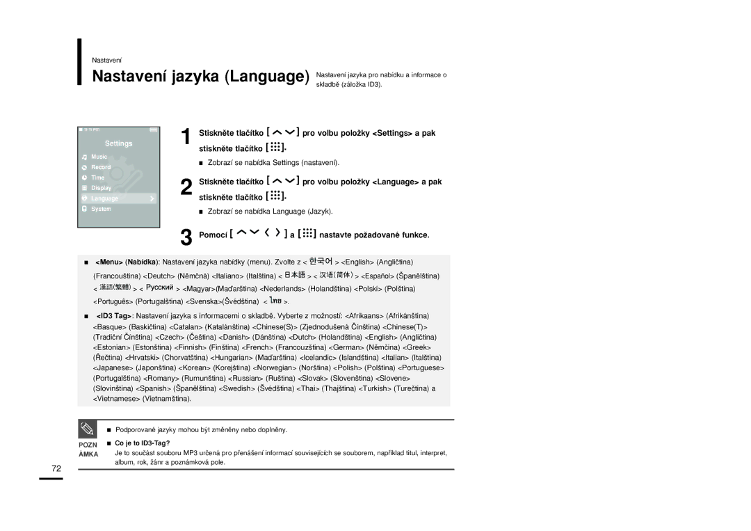 Samsung YP-T9JBAB/XEH, YP-T9JBZB/XEH, YP-T9JBQB/XEH Stisknûte tlaãítko Pro volbu poloÏky Language a pak, Co je to ID3-Tag? 