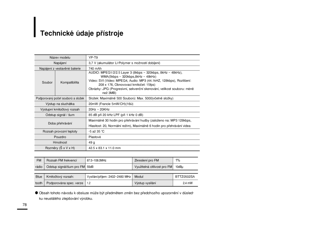 Samsung YP-T9JBAB/XEH, YP-T9JBZB/XEH, YP-T9JBQB/XEH manual Technické údaje pﬁístroje 