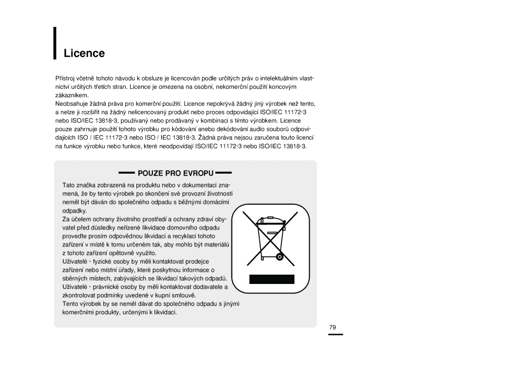 Samsung YP-T9JBZB/XEH, YP-T9JBAB/XEH, YP-T9JBQB/XEH manual Licence, Pouze PRO Evropu 