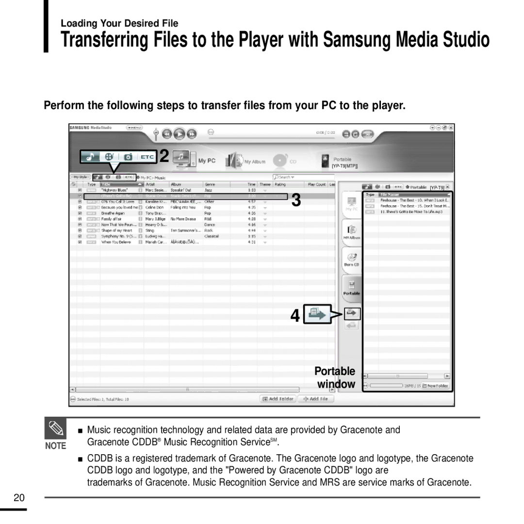 Samsung YP-T9JBQB/XEH, YP-T9JQB/XEF manual Transferring Files to the Player with Samsung Media Studio, Portable window 