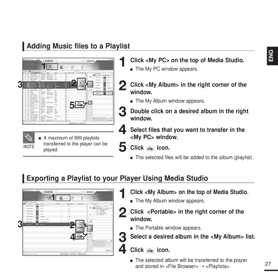 Samsung YP-T9BQB/XFU, YP-T9QB/XSV Adding Music files to a Playlist, Exporting a Playlist to your Player Using Media Studio 