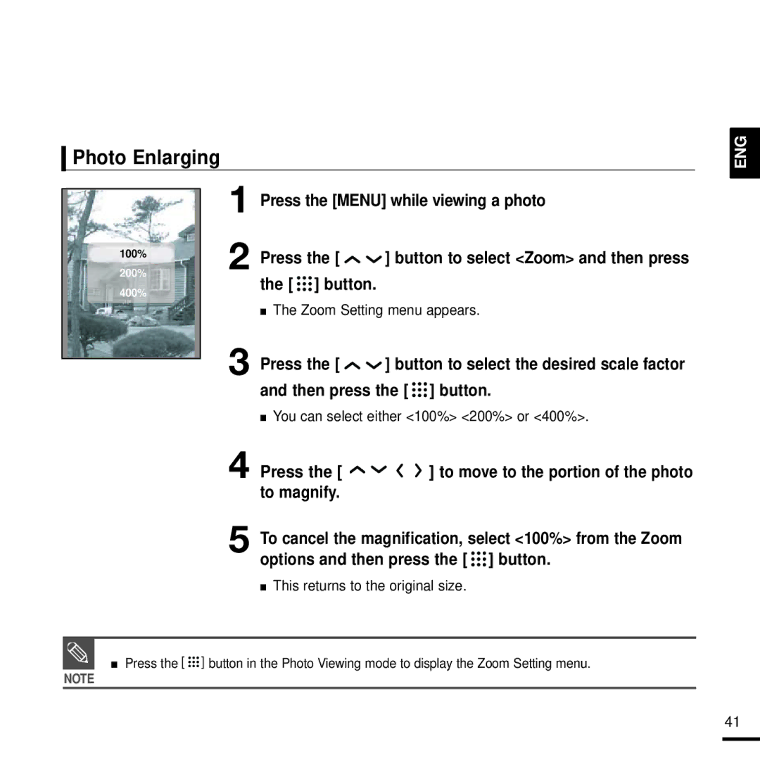 Samsung YP-T9JZB/OMX, YP-T9JQB/XEF manual Photo Enlarging, Press the Menu while viewing a photo, Zoom Setting menu appears 