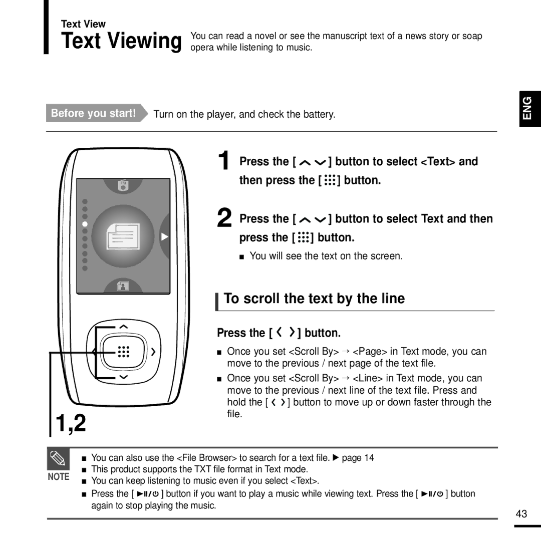Samsung YP-T9JBAB/OMX manual To scroll the text by the line, Button to select Text Then press the button, Text View, Press 