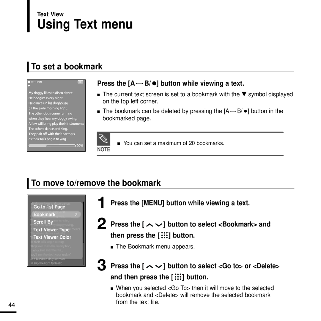Samsung YP-T9JAB/OMX, YP-T9JQB/XEF manual Using Text menu, Press the a B/ button while viewing a text, From the text file 