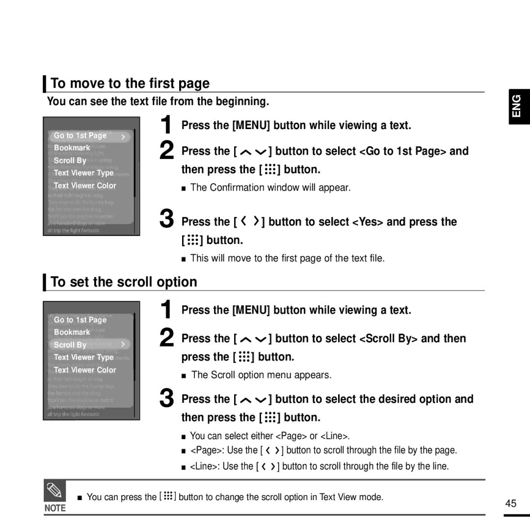 Samsung YP-T9JBZB/OMX, YP-T9JQB/XEF, YP-T9JZB/XEF manual To move to the first, You can see the text file from the beginning 