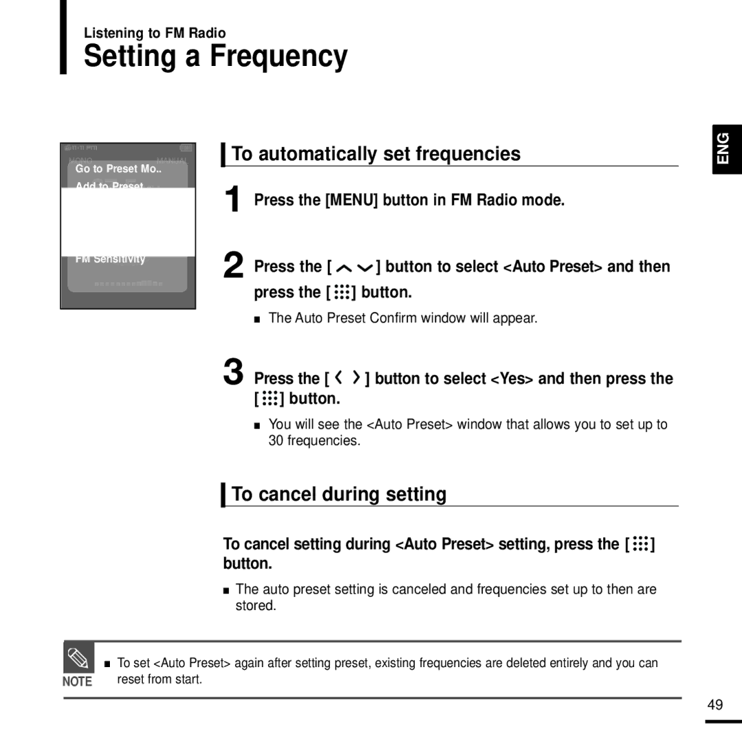 Samsung YP-T9JBQB/XEH, YP-T9JQB/XEF manual Setting a Frequency, To automatically set frequencies, To cancel during setting 