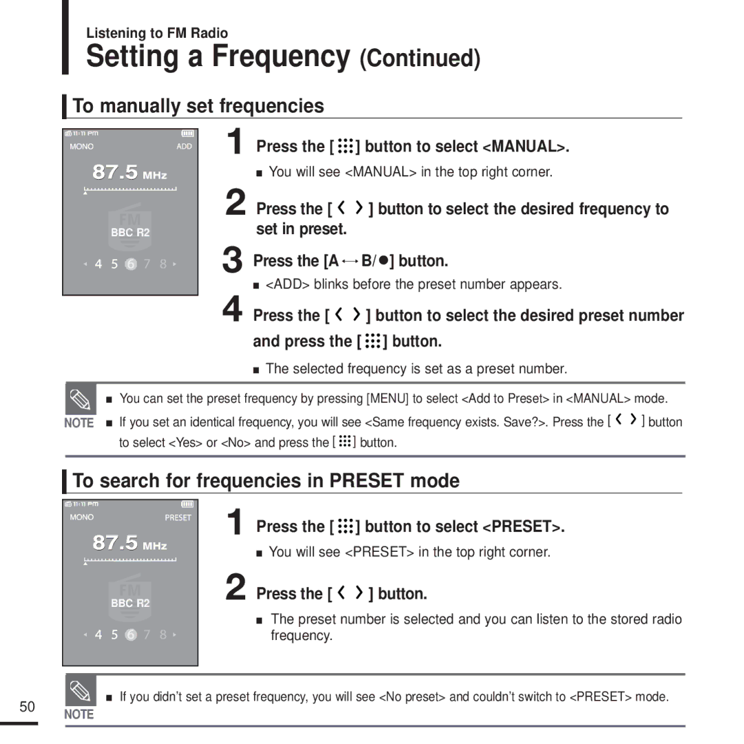 Samsung YP-T9JBAB/XEE, YP-T9JQB/XEF, YP-T9JZB/XEF To manually set frequencies, To search for frequencies in Preset mode 