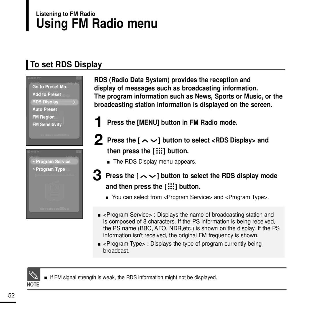 Samsung YP-T9JZU/XEE, YP-T9JQB/XEF manual Using FM Radio menu, To set RDS Display, Press the Menu button in FM Radio mode 