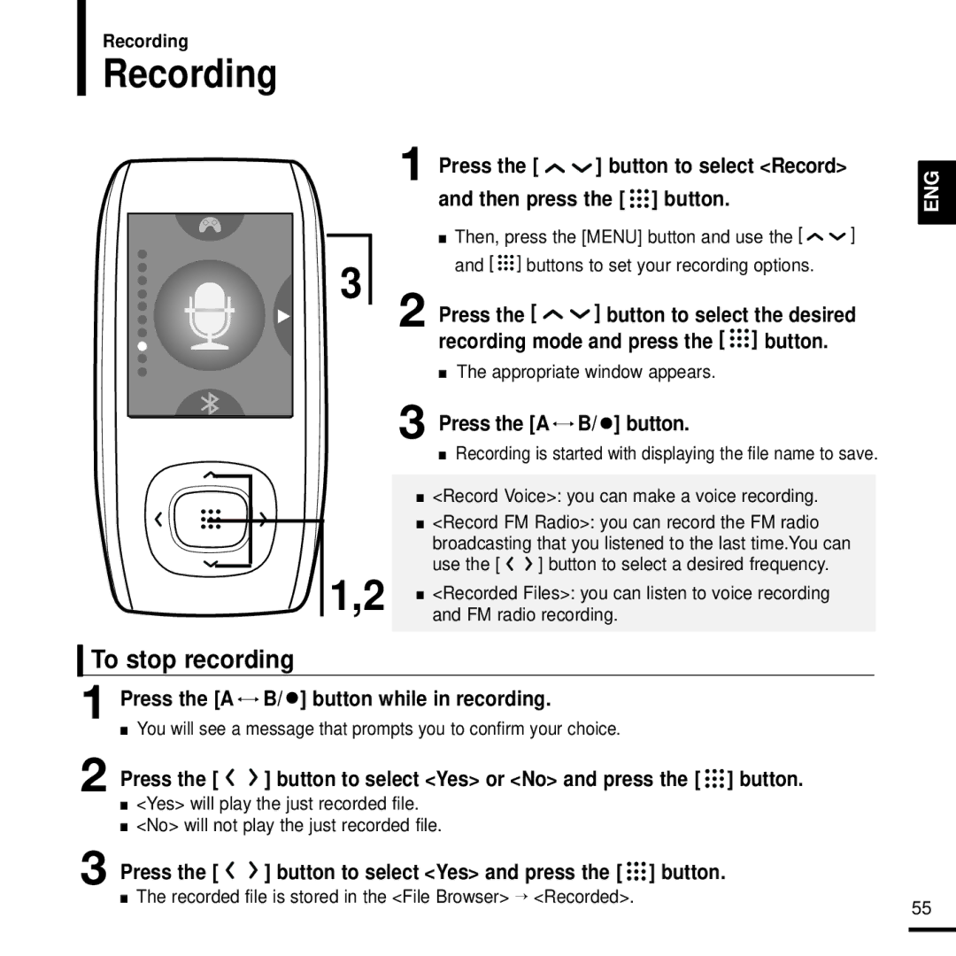 Samsung YP-T9JBQB/XEE, YP-T9JQB/XEF, YP-T9JZB/XEF manual To stop recording, Press the a B/ button while in recording 