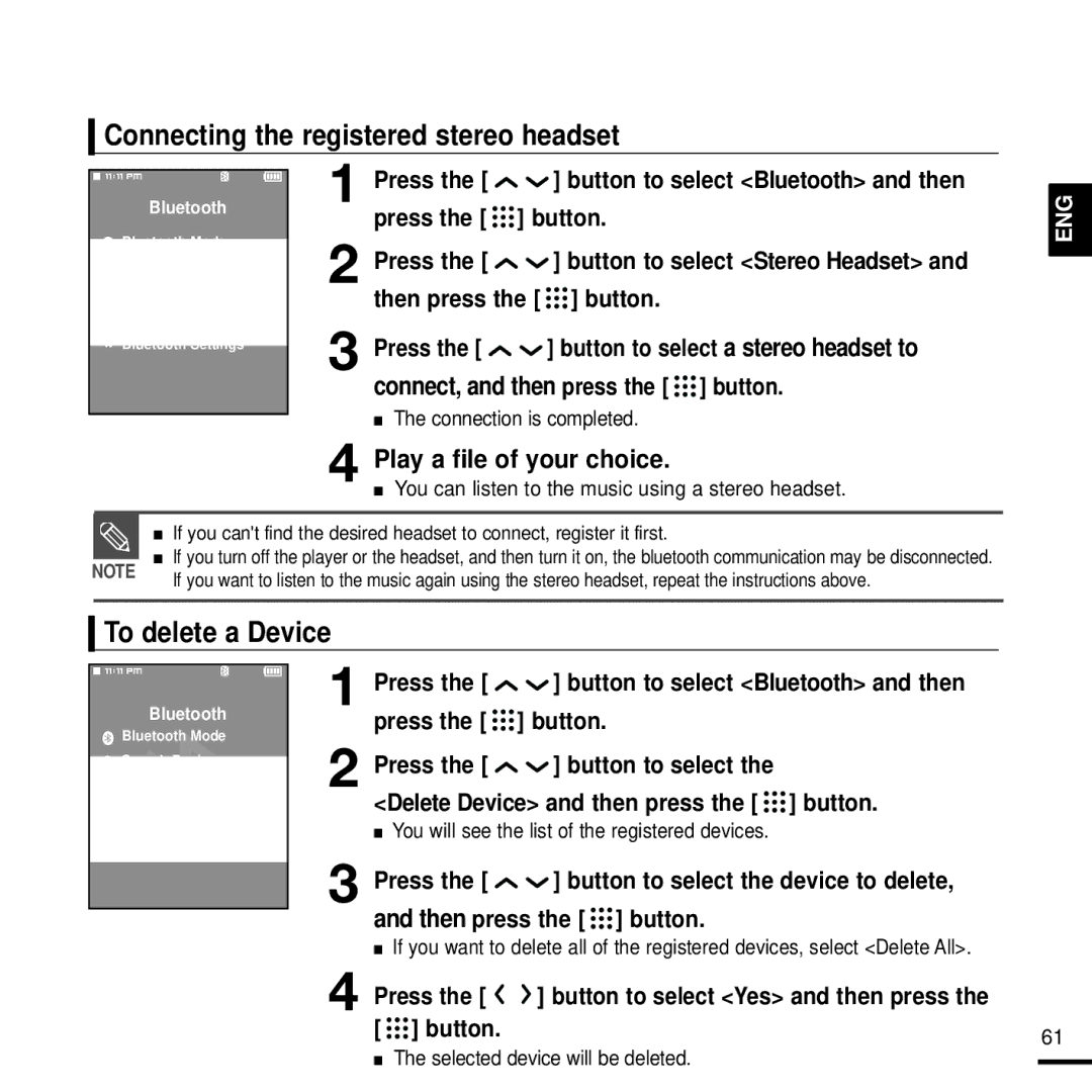 Samsung YP-T9JZB/XET, YP-T9JQB/XEF, YP-T9JZB/XEF, YP-T9JBQB/XEF Connecting the registered stereo headset, To delete a Device 