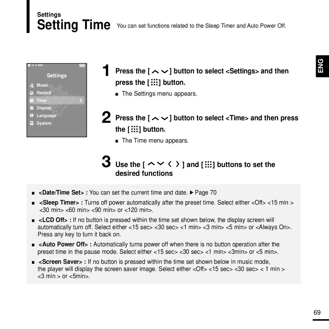 Samsung YP-T9JQB/OMX, YP-T9JQB/XEF, YP-T9JZB/XEF Press the button to select Time and then press Button, Time menu appears 