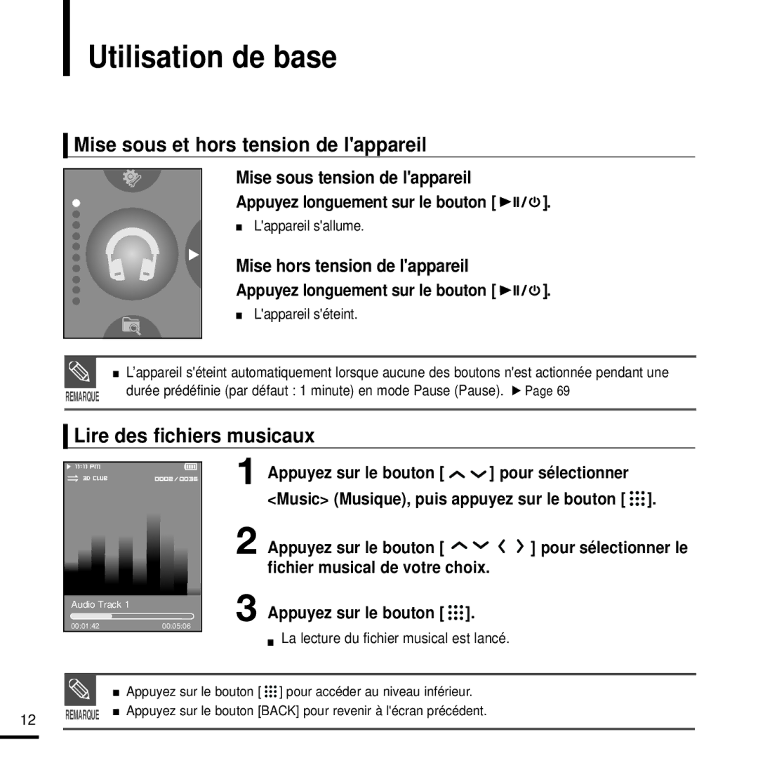 Samsung YP-T9JQB/XEF, YP-T9JZB/XEF Utilisation de base, Mise sous et hors tension de lappareil, Lire des fichiers musicaux 