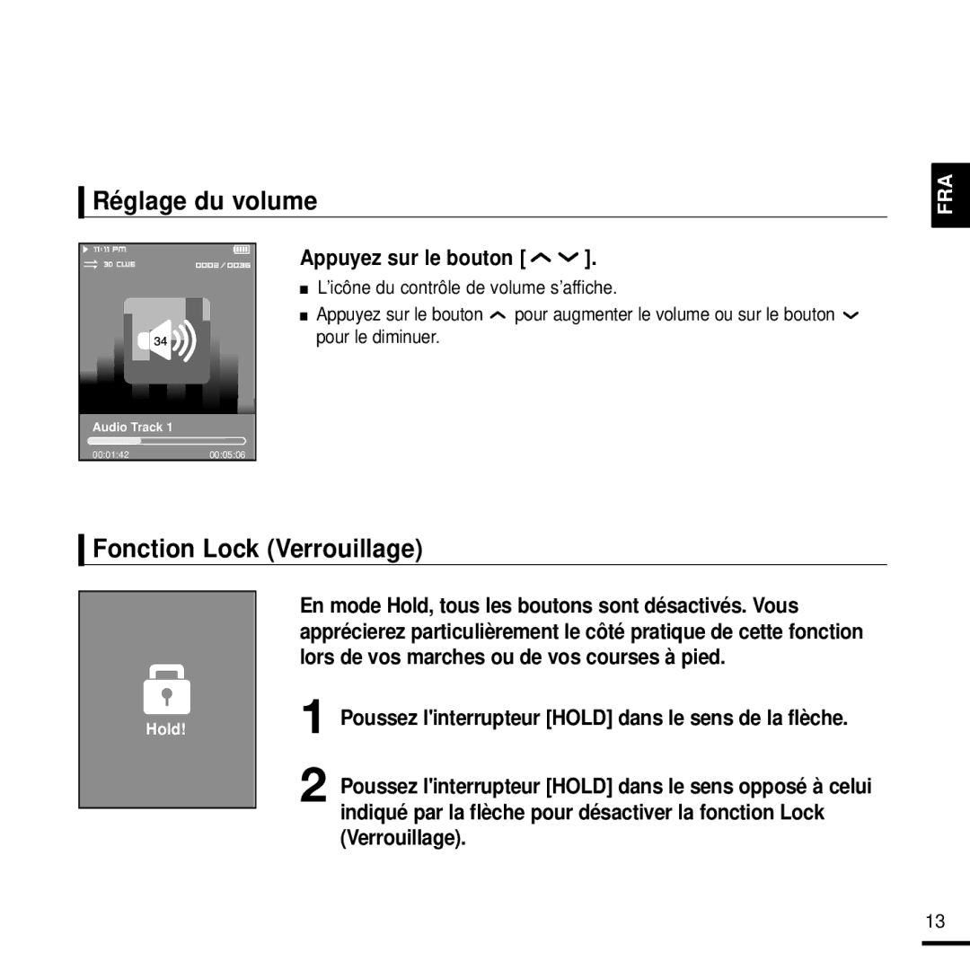 Samsung YP-T9JZB/XEF, YP-T9JQB/XEF, YP-T9JBQB/XEF manual Réglage du volume, Fonction Lock Verrouillage, Appuyez sur le bouton 