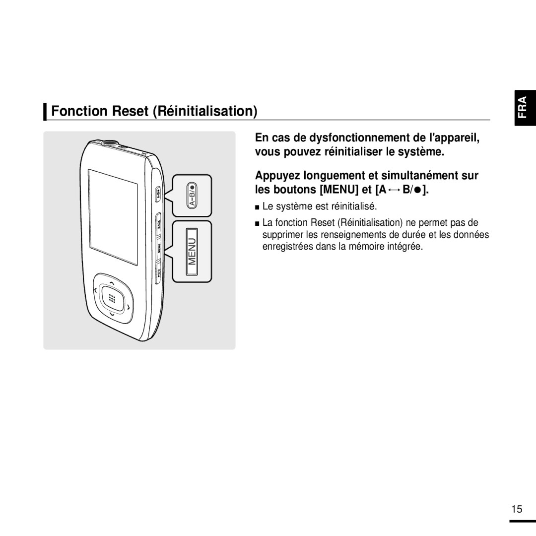 Samsung YP-T9JQB/XEF, YP-T9JZB/XEF, YP-T9JBQB/XEF manual Fonction Reset Réinitialisation, Le système est réinitialisé 