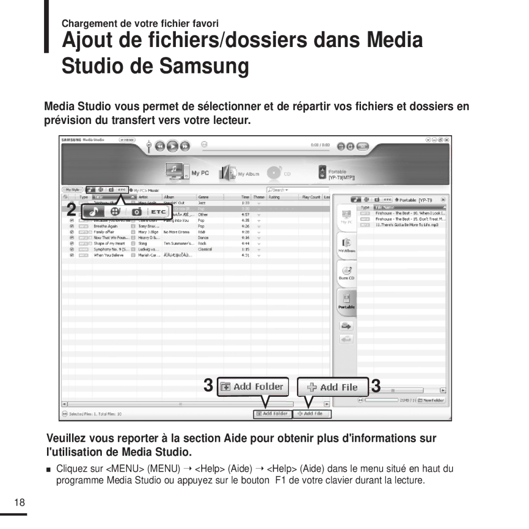 Samsung YP-T9JQB/XEF, YP-T9JZB/XEF, YP-T9JBQB/XEF manual Ajout de fichiers/dossiers dans Media Studio de Samsung 