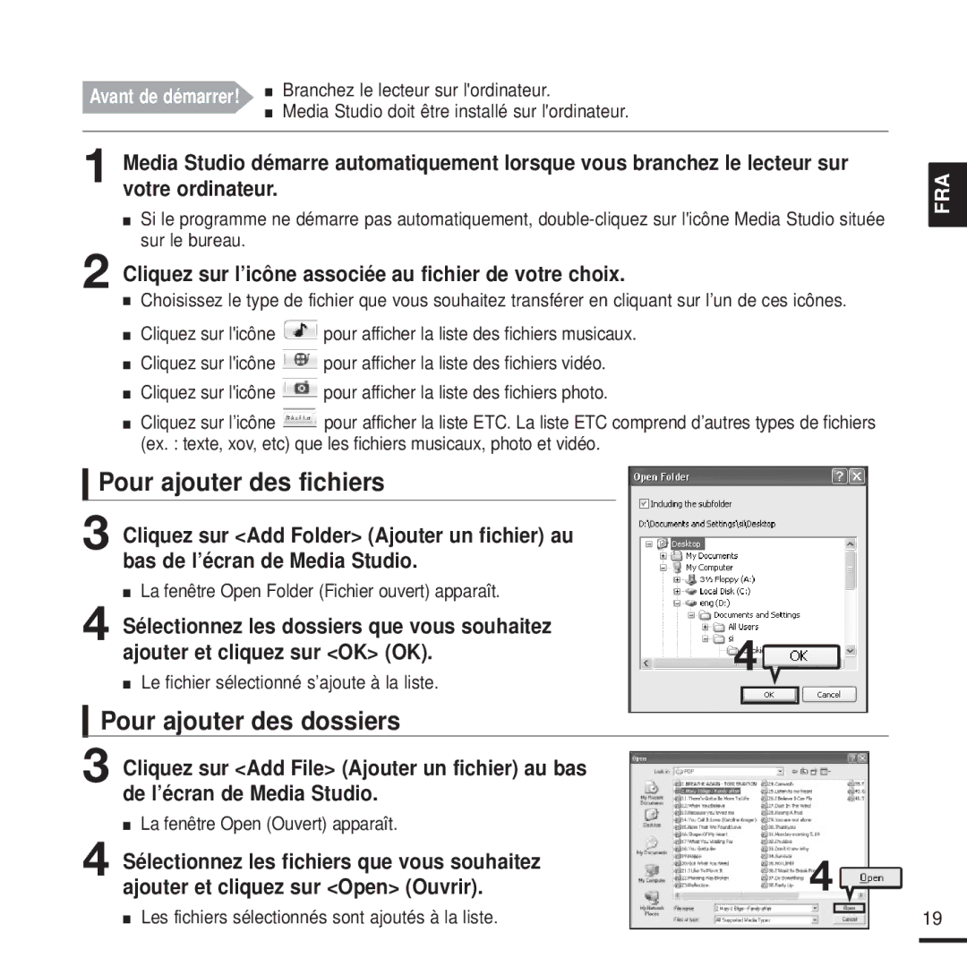 Samsung YP-T9JZB/XEF, YP-T9JQB/XEF, YP-T9JBQB/XEF manual Pour ajouter des fichiers, Pour ajouter des dossiers 