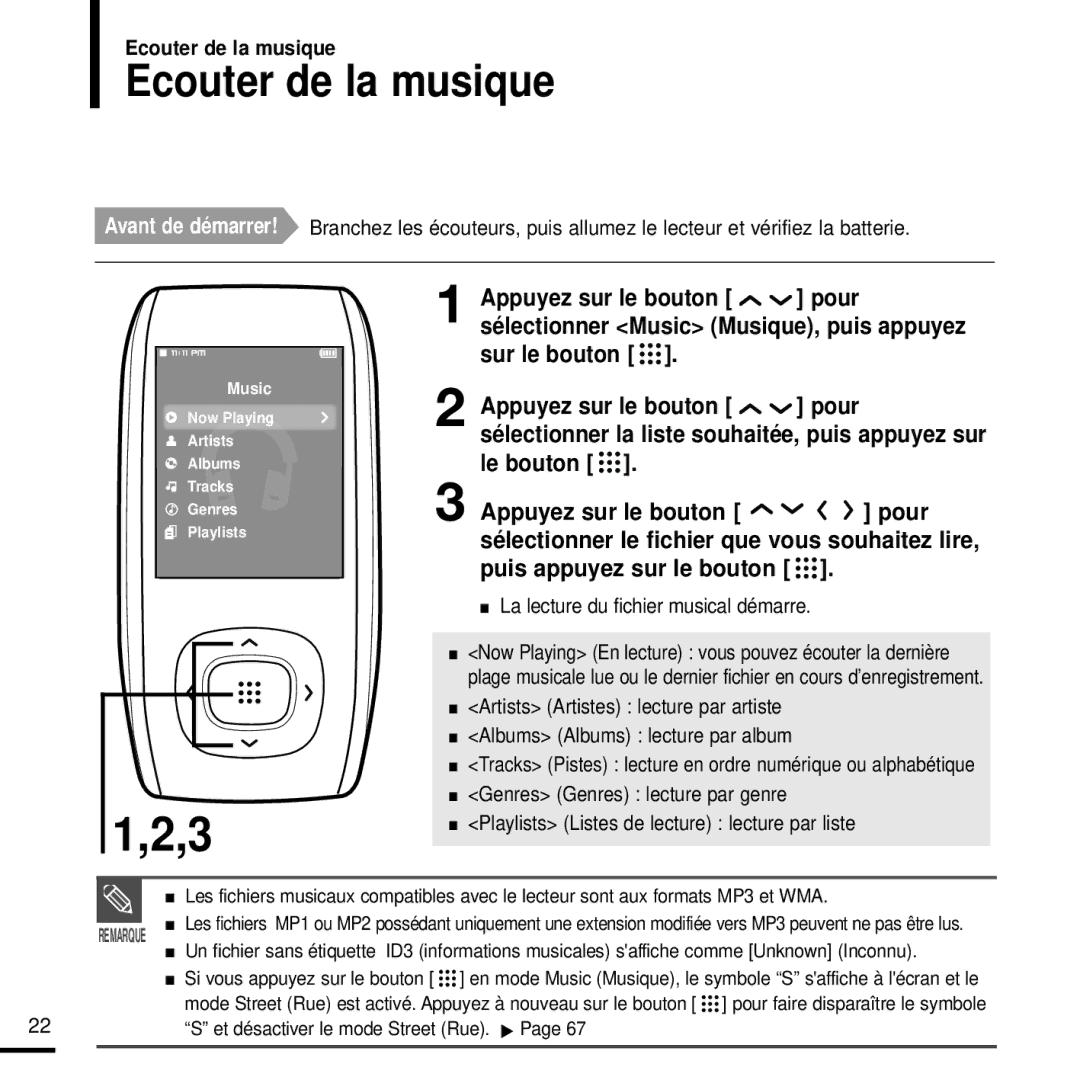 Samsung YP-T9JZB/XEF, YP-T9JQB/XEF, YP-T9JBQB/XEF manual Ecouter de la musique, Sur le bouton Appuyez sur le bouton Pour 