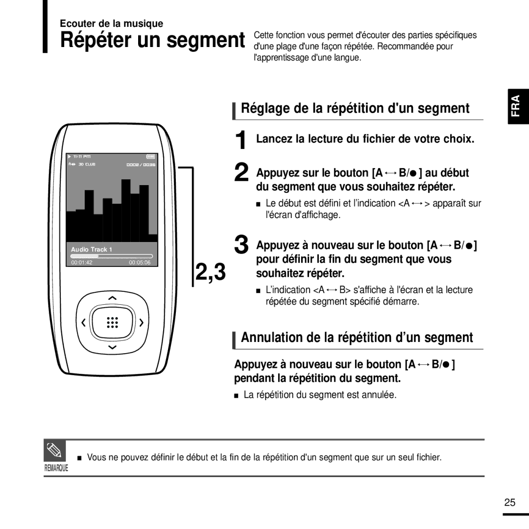 Samsung YP-T9JZB/XEF Réglage de la répétition dun segment, Annulation de la répétition d’un segment, Souhaitez répéter 