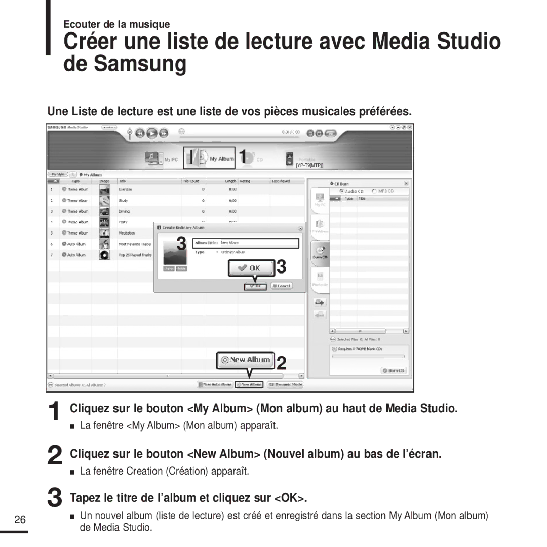 Samsung YP-T9JBQB/XEF Créer une liste de lecture avec Media Studio de Samsung, Tapez le titre de l’album et cliquez sur OK 