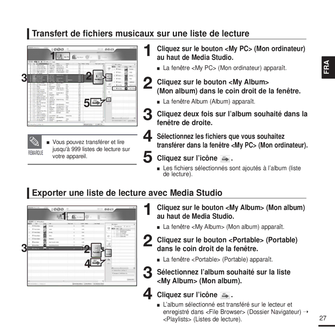 Samsung YP-T9JQB/XEF Transfert de fichiers musicaux sur une liste de lecture, My Album Mon album, Cliquez sur l’icône 