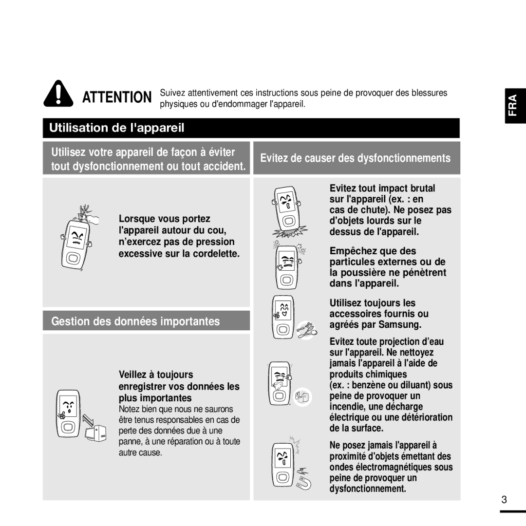 Samsung YP-T9JQB/XEF, YP-T9JZB/XEF, YP-T9JBQB/XEF manual Gestion des données importantes 