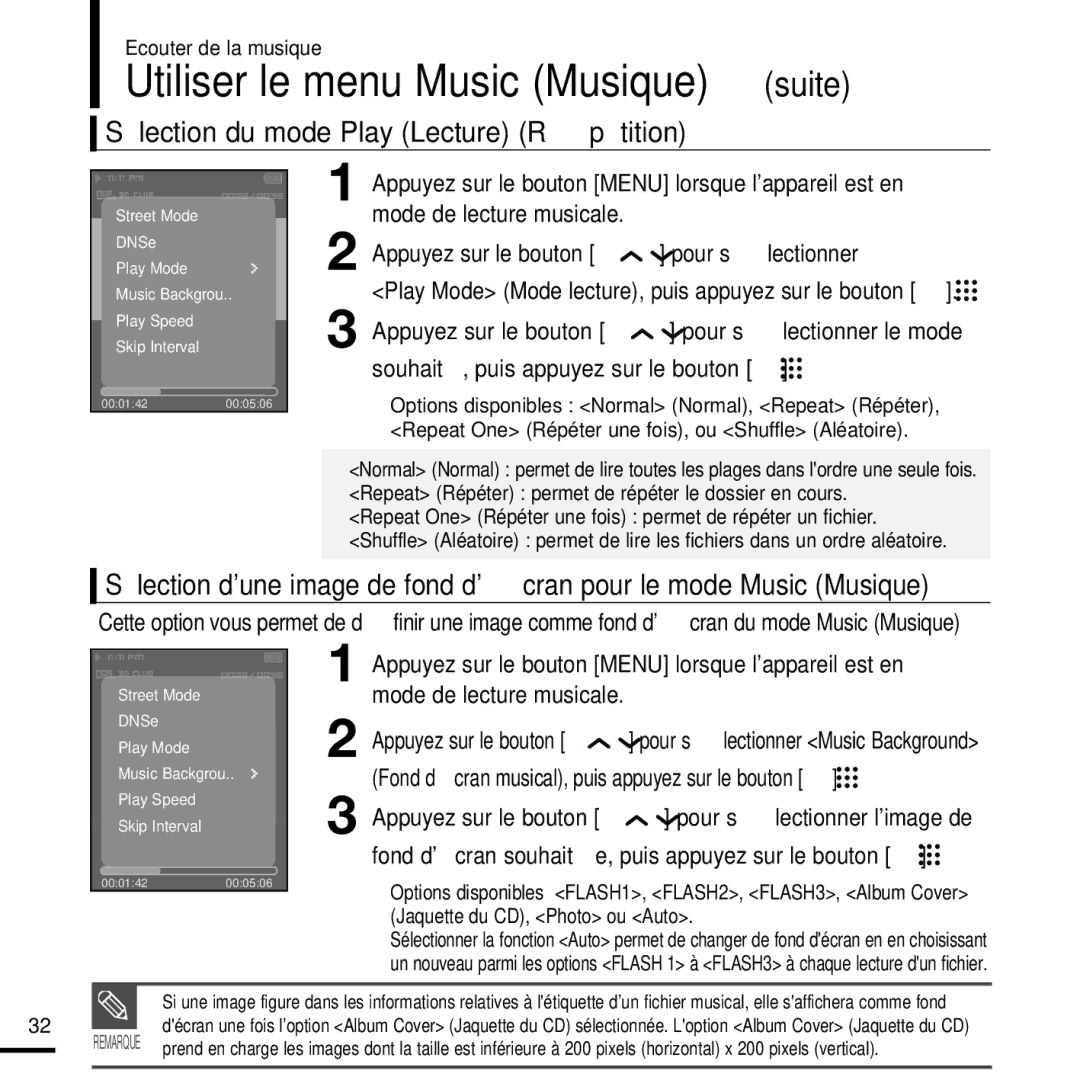 Samsung YP-T9JBQB/XEF, YP-T9JQB/XEF manual Utiliser le menu Music Musique suite, Sélection du mode Play Lecture Répétition 