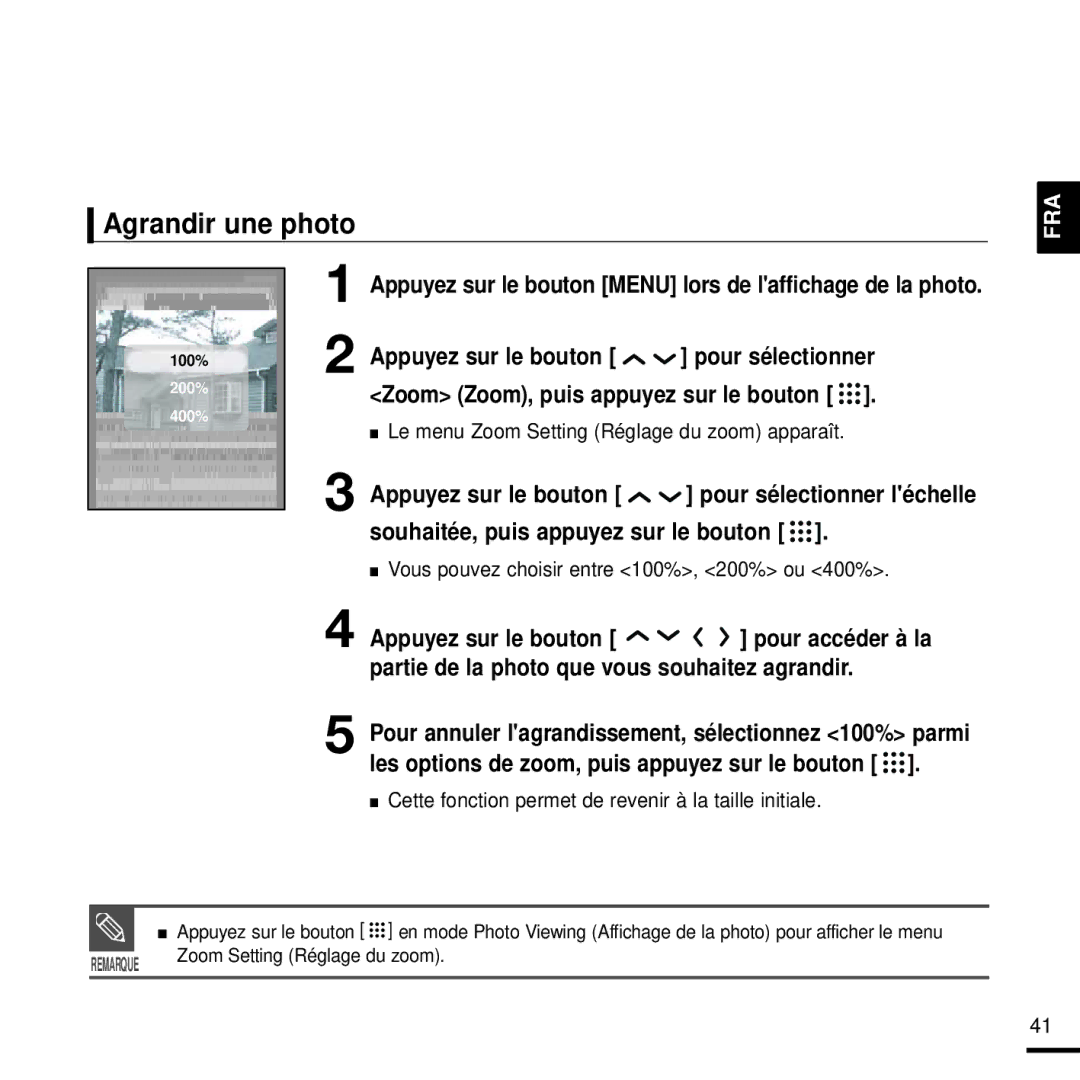 Samsung YP-T9JBQB/XEF, YP-T9JQB/XEF, YP-T9JZB/XEF manual Agrandir une photo, Zoom Zoom, puis appuyez sur le bouton 