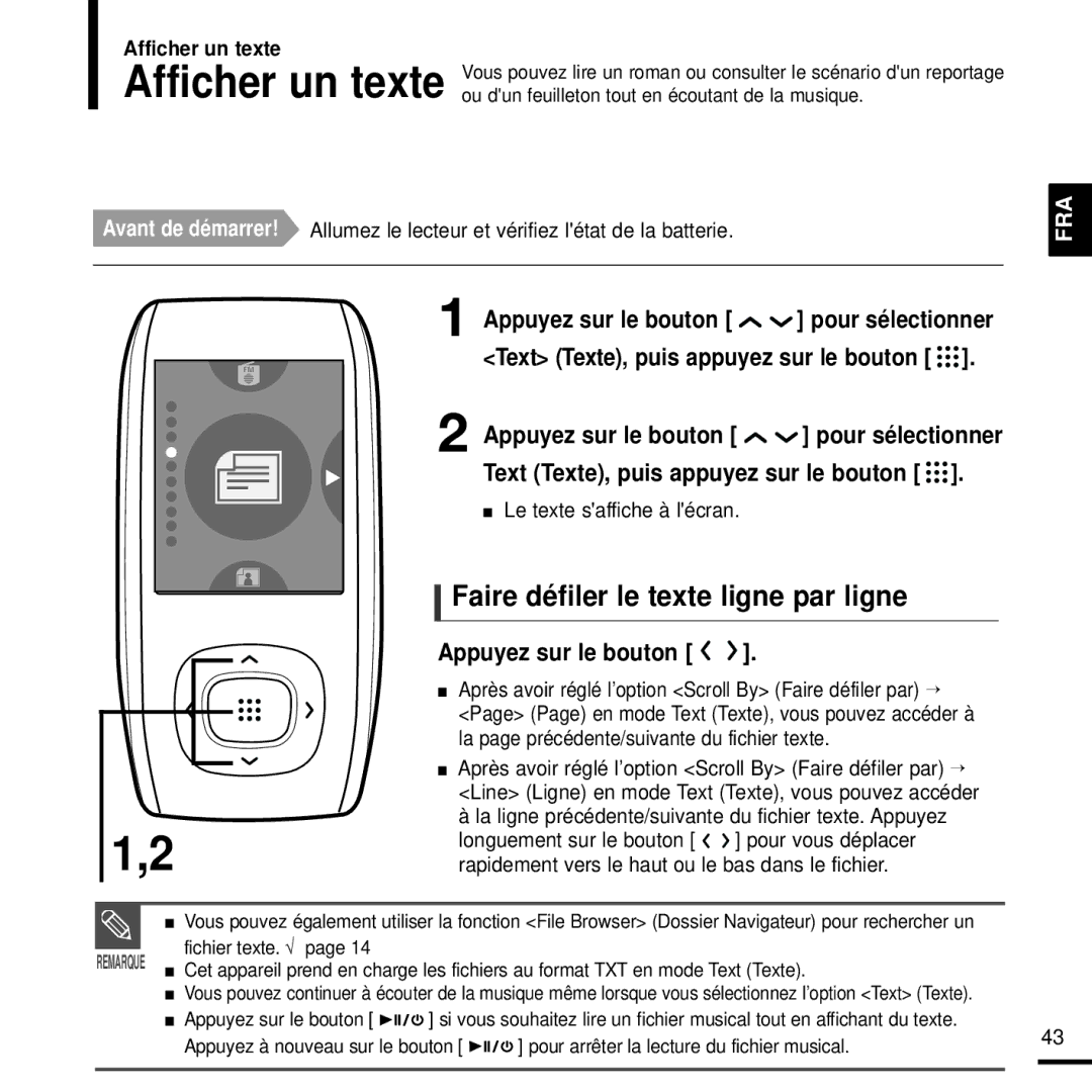 Samsung YP-T9JZB/XEF, YP-T9JQB/XEF Faire défiler le texte ligne par ligne, Afficher un texte, Le texte saffiche à lécran 