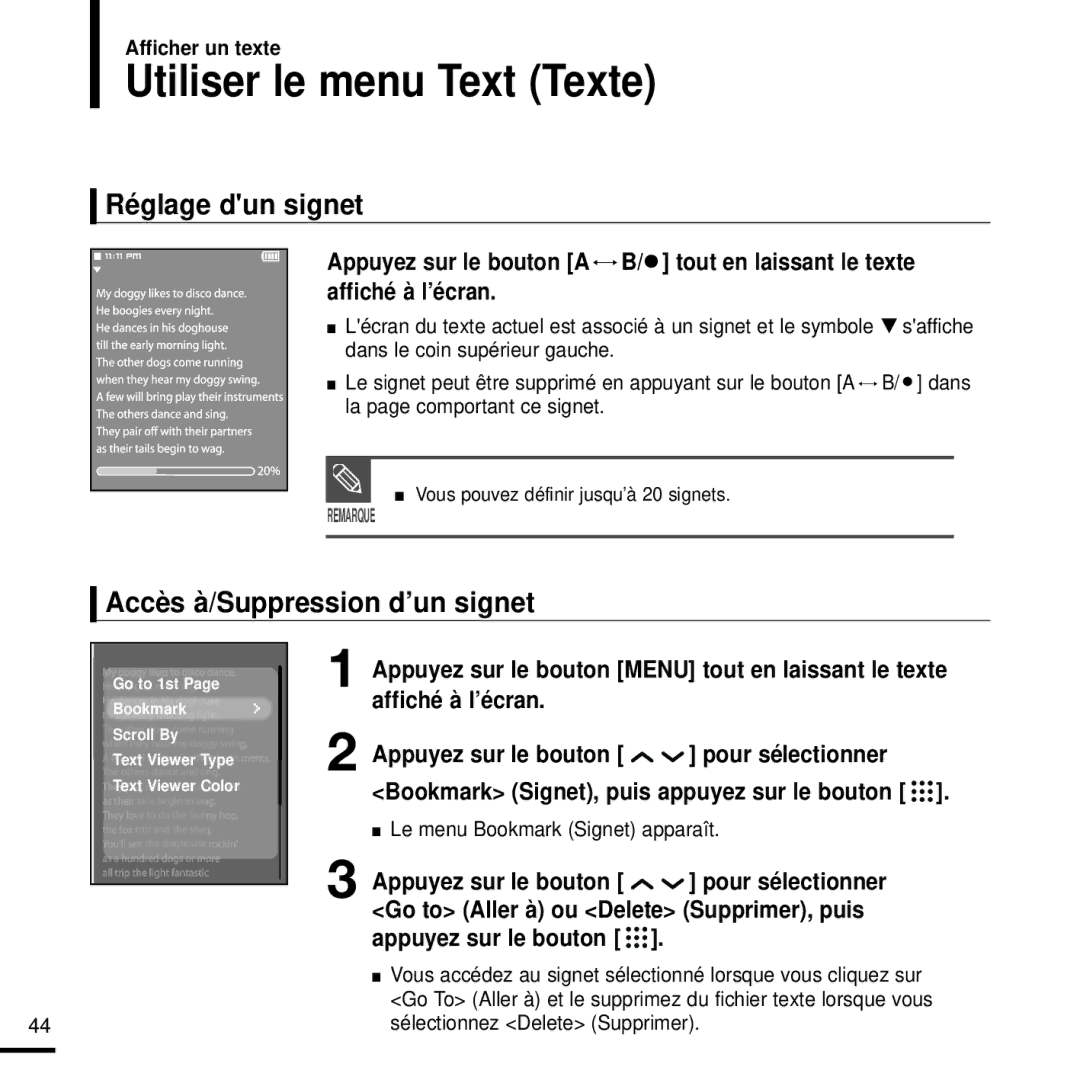 Samsung YP-T9JBQB/XEF Utiliser le menu Text Texte, Bookmark Signet, puis appuyez sur le bouton, Appuyez sur le bouton 