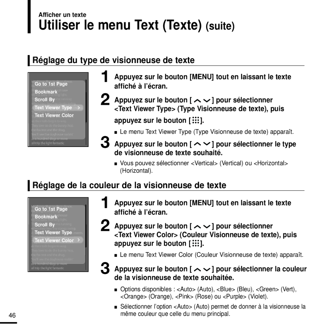 Samsung YP-T9JZB/XEF, YP-T9JQB/XEF manual Utiliser le menu Text Texte suite, Réglage du type de visionneuse de texte 