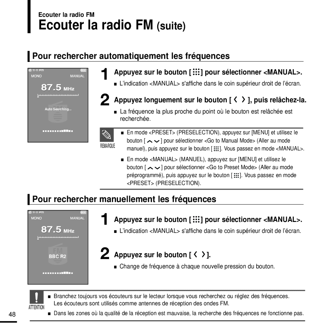 Samsung YP-T9JQB/XEF, YP-T9JZB/XEF, YP-T9JBQB/XEF Ecouter la radio FM suite, Pour rechercher automatiquement les fréquences 