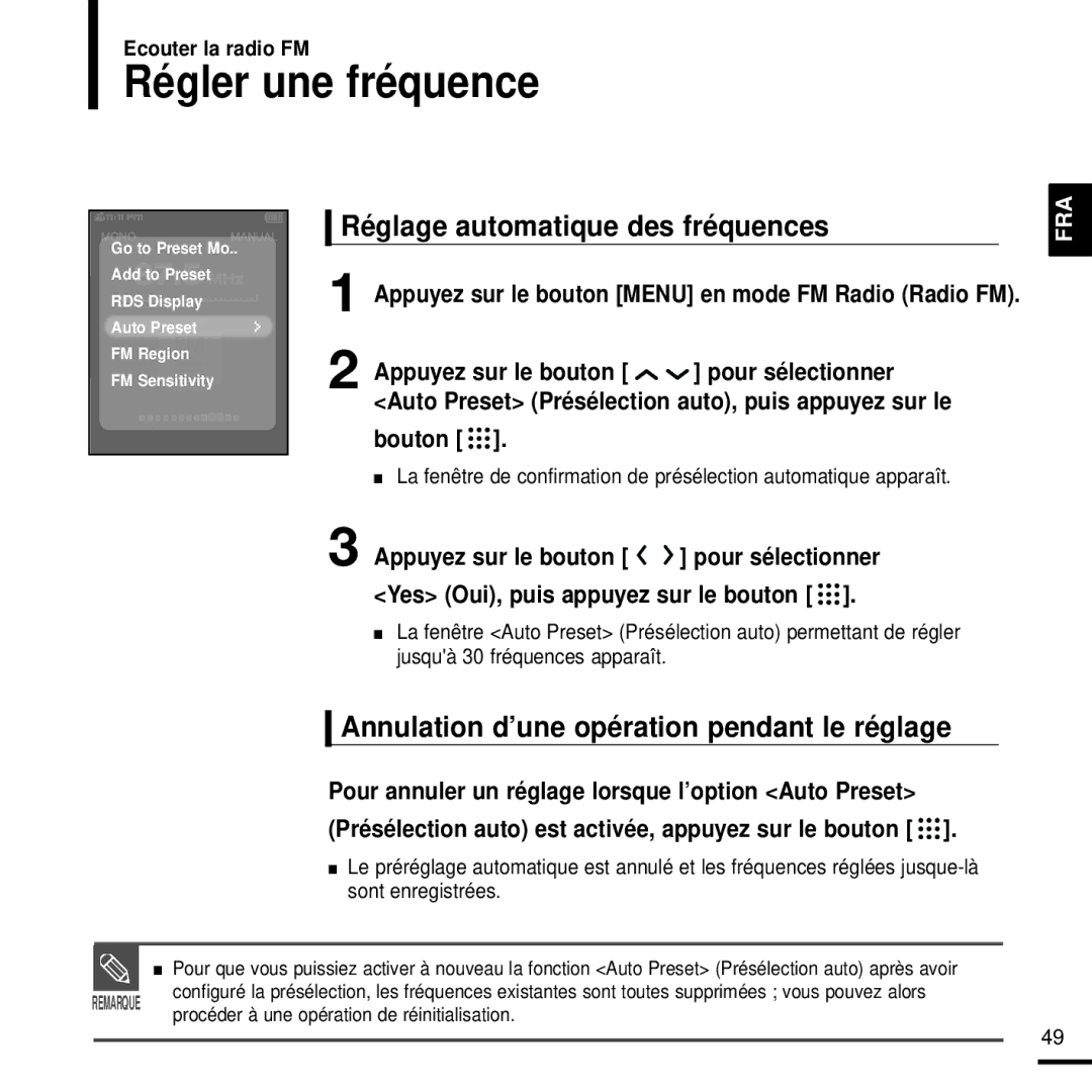 Samsung YP-T9JZB/XEF, YP-T9JQB/XEF, YP-T9JBQB/XEF manual Régler une fréquence, Réglage automatique des fréquences, Bouton 