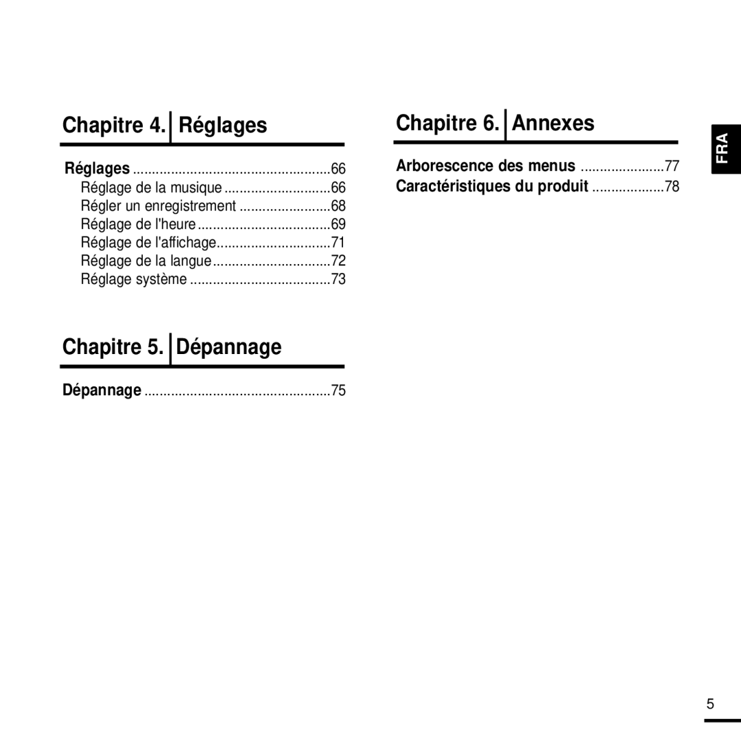 Samsung YP-T9JBQB/XEF, YP-T9JQB/XEF, YP-T9JZB/XEF manual Chapitre 4. Réglages, Arborescence des menus 