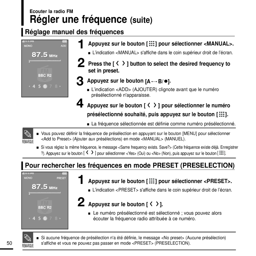 Samsung YP-T9JBQB/XEF, YP-T9JQB/XEF, YP-T9JZB/XEF manual Régler une fréquence suite, Réglage manuel des fréquences 