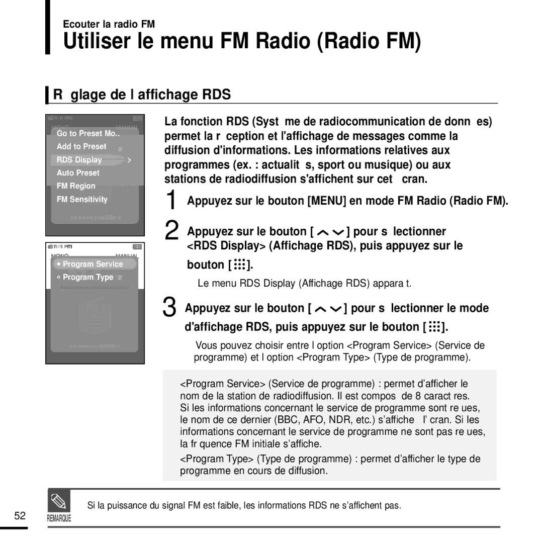 Samsung YP-T9JZB/XEF, YP-T9JQB/XEF, YP-T9JBQB/XEF manual Utiliser le menu FM Radio Radio FM, Réglage de l’affichage RDS 