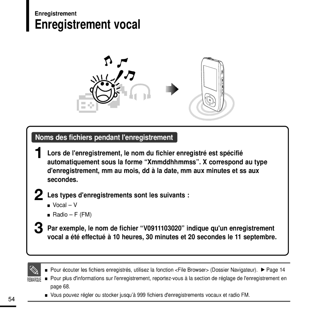 Samsung YP-T9JQB/XEF, YP-T9JZB/XEF, YP-T9JBQB/XEF manual Enregistrement vocal, Vocal Radio F FM 