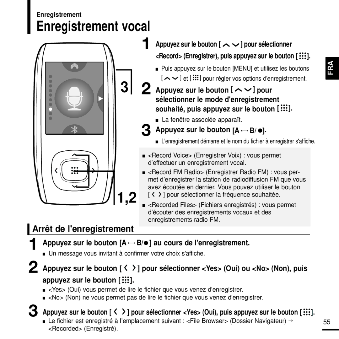 Samsung YP-T9JZB/XEF, YP-T9JQB/XEF, YP-T9JBQB/XEF manual Arrêt de lenregistrement, Au cours de lenregistrement 