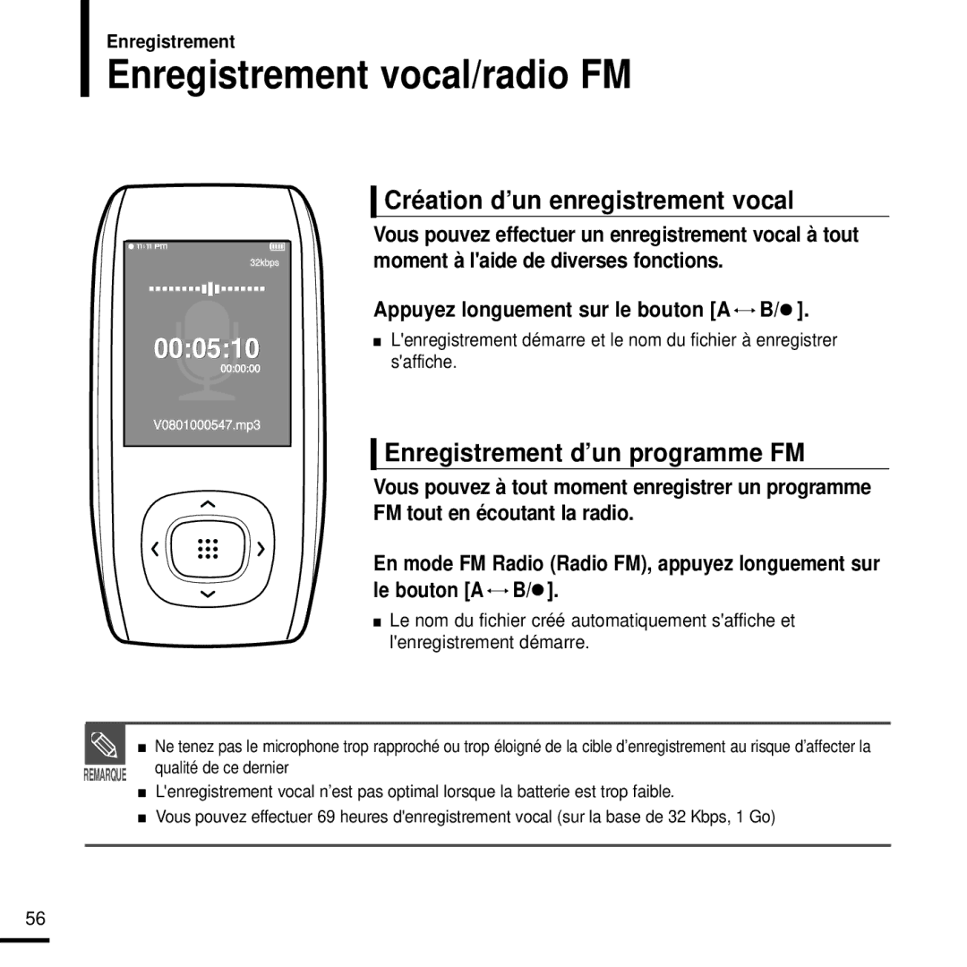 Samsung YP-T9JBQB/XEF Enregistrement vocal/radio FM, Création d’un enregistrement vocal, Enregistrement d’un programme FM 