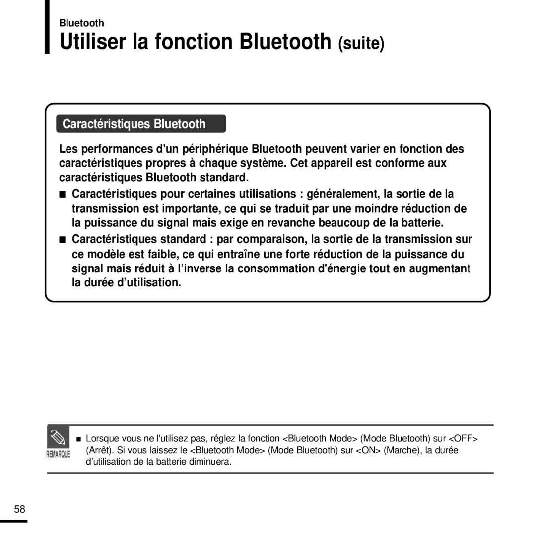 Samsung YP-T9JZB/XEF, YP-T9JQB/XEF, YP-T9JBQB/XEF manual Utiliser la fonction Bluetooth suite, Caractéristiques Bluetooth 